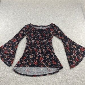 VENUS Black and Red Floral Bell Sleeve Blouse